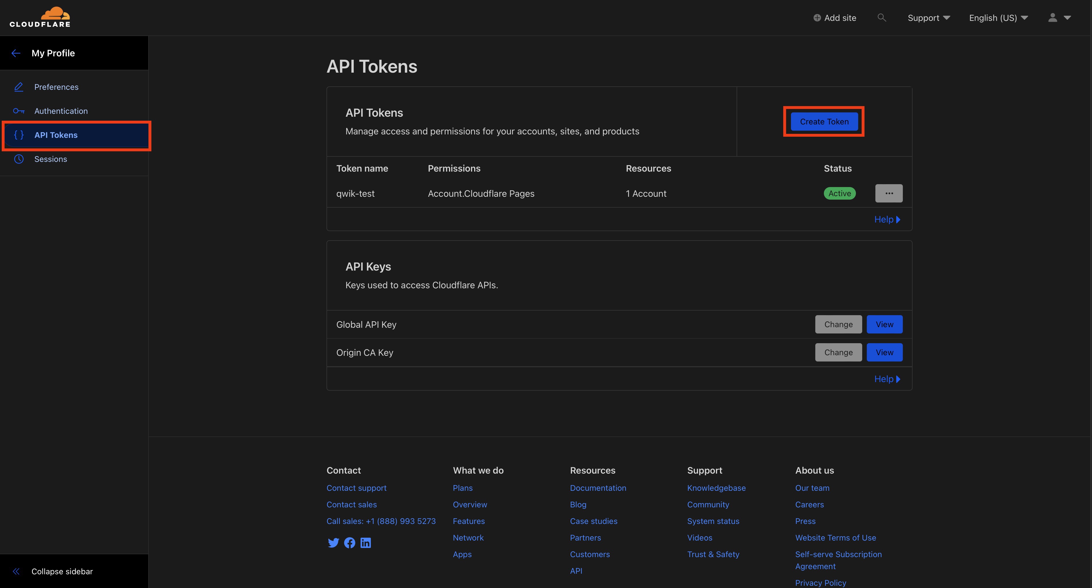 Screenshot of the Cloudflare API Tokens Dashboard.