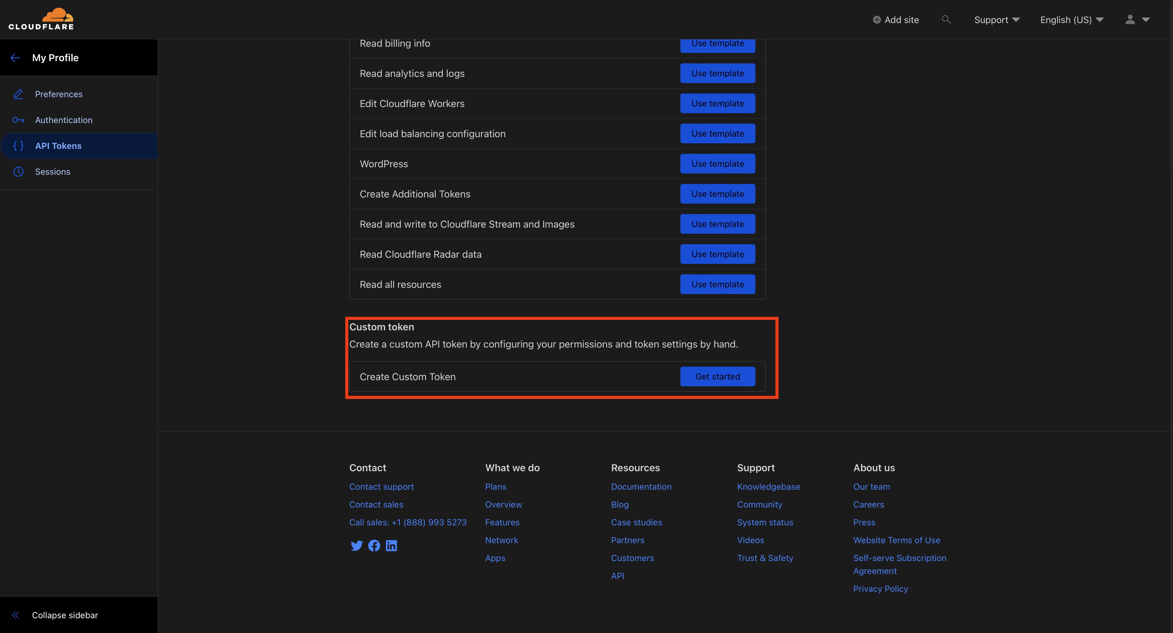 Screenshot of the Cloudflare API Tokens Dashboard for creating a custom token.