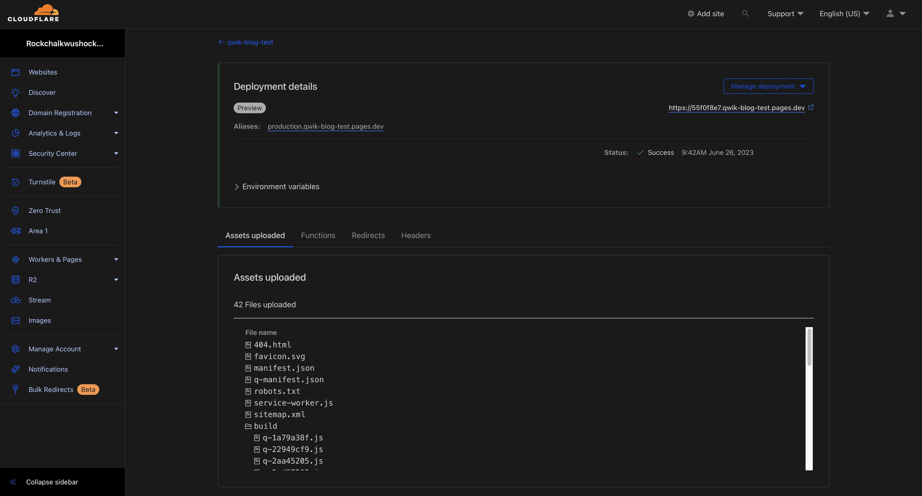 Screenshot of the detailed deployment view in Cloudflare Pages.