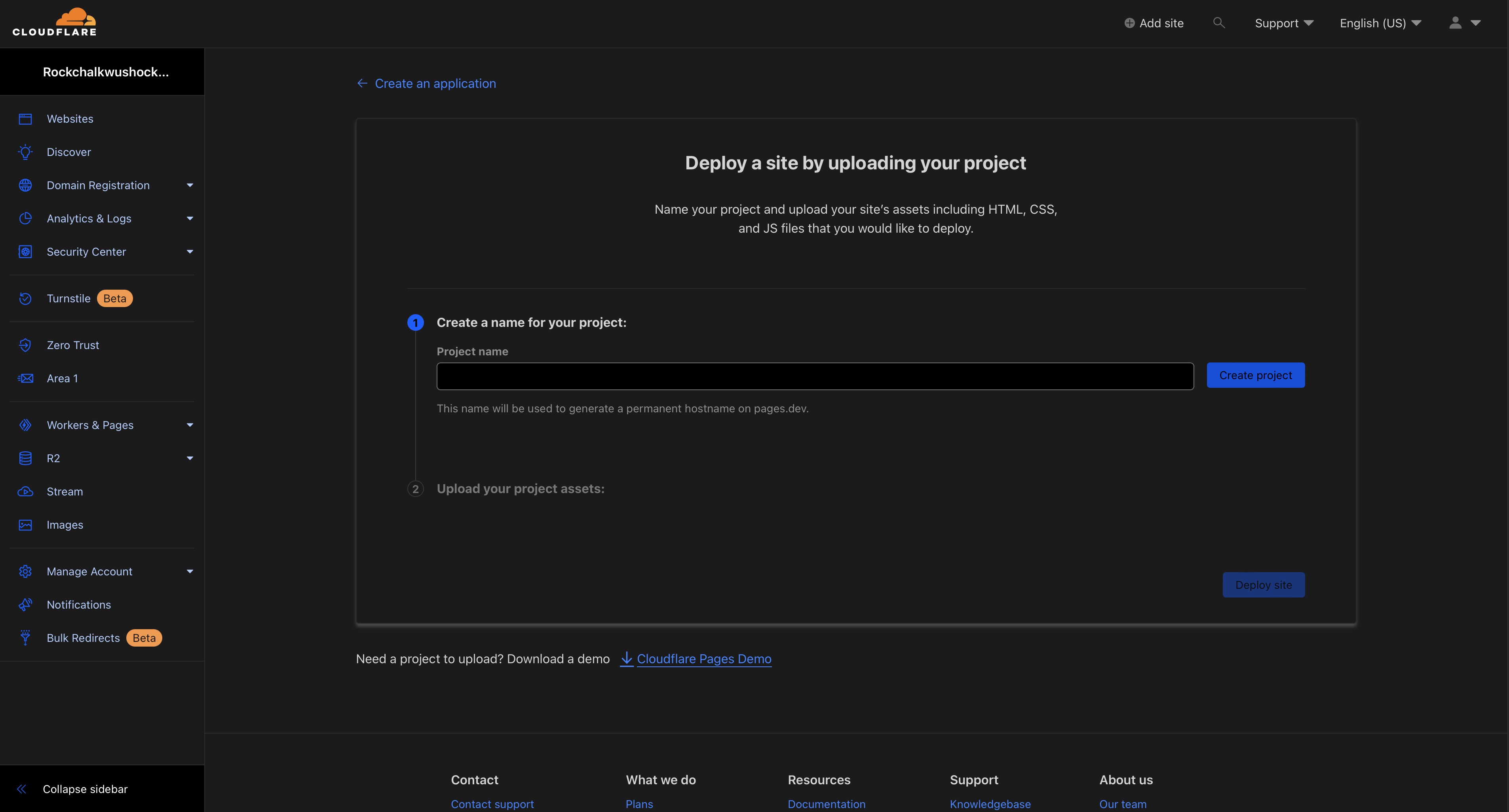 Screenshot of creating a new Direct Upload project with Cloudflare Pages.