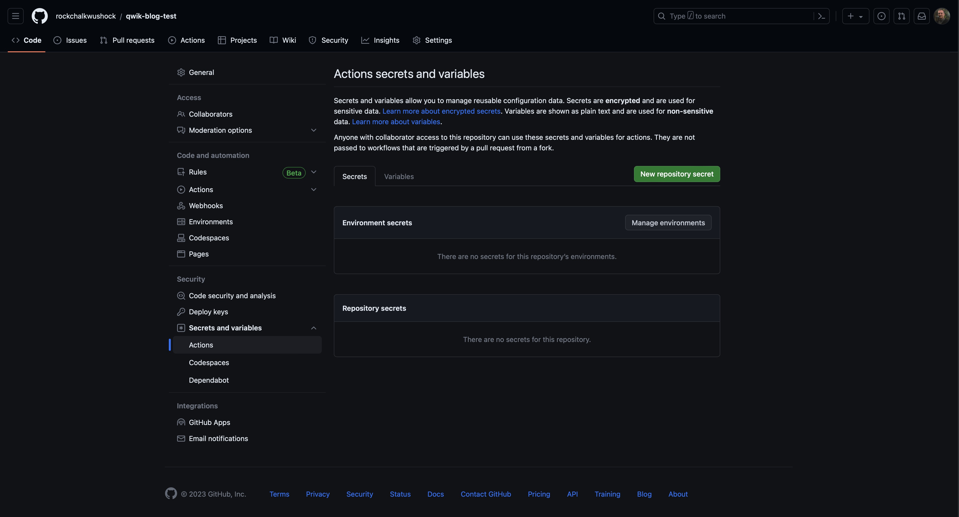 Screenshot of the GitHub repository settings page for adding new repository secrets.