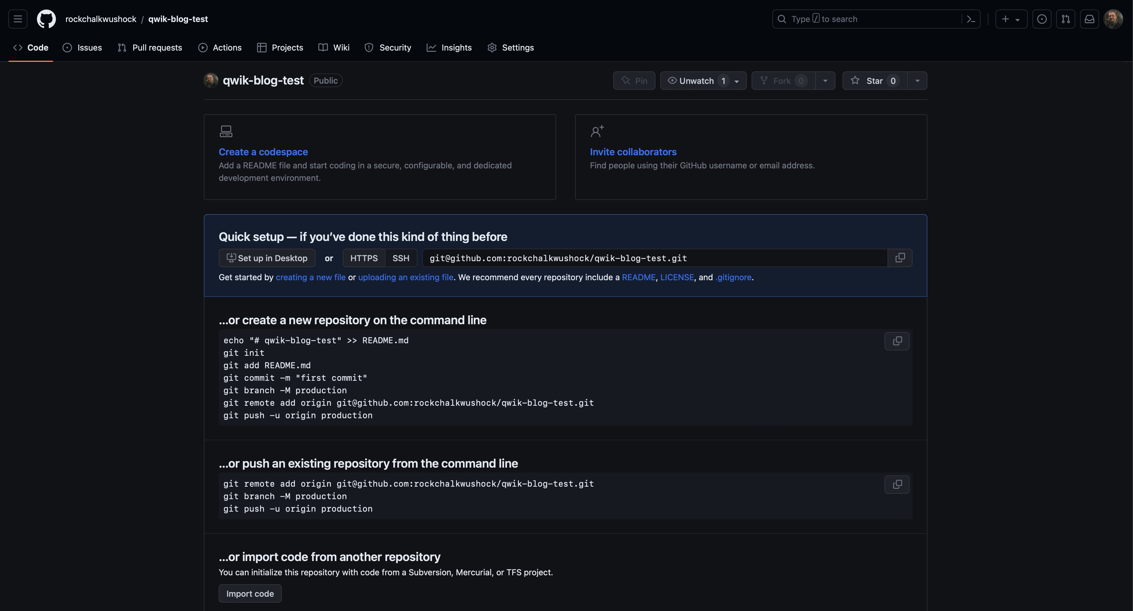 Screenshot of empty GitHub repository page with commands.