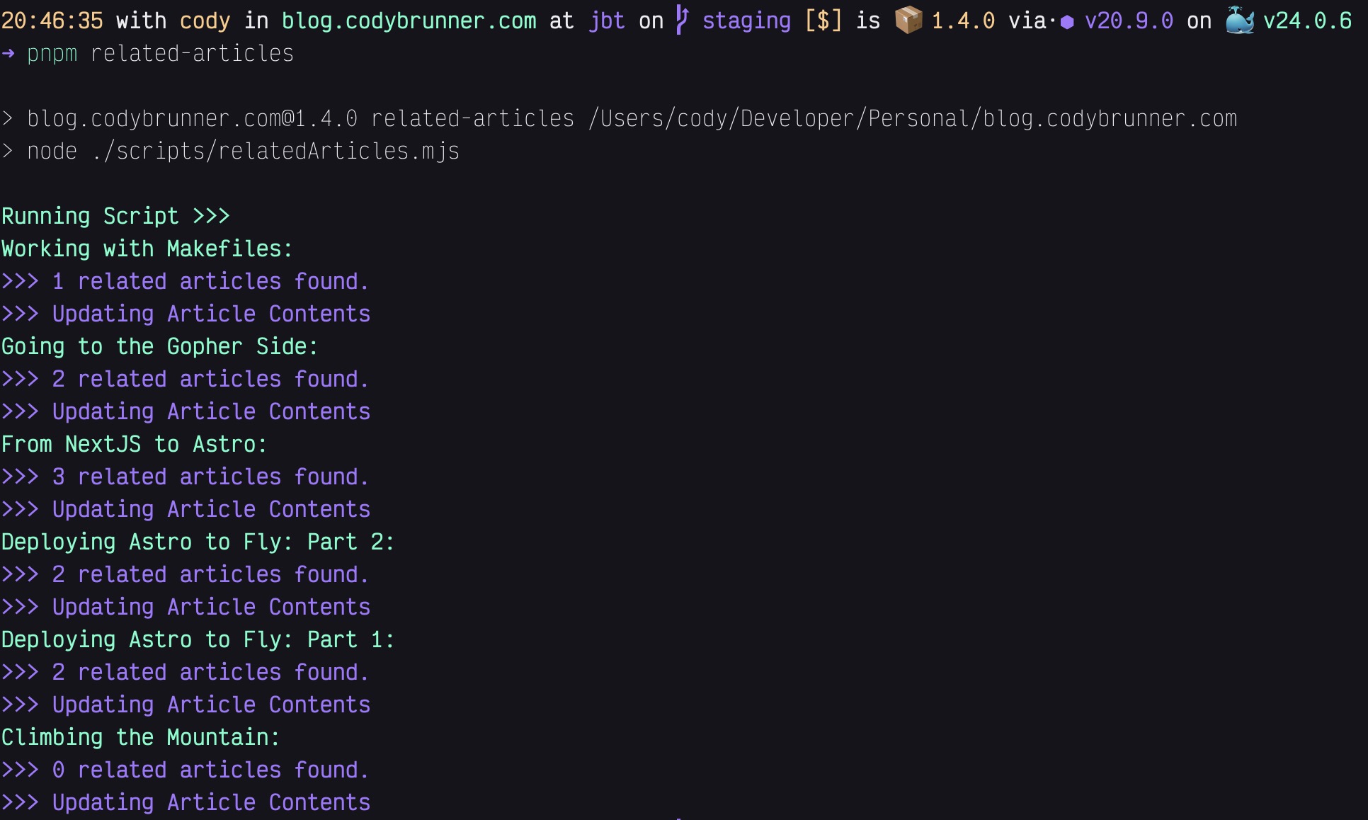 The gorgeous output in the terminal from running the relatedArticles script.